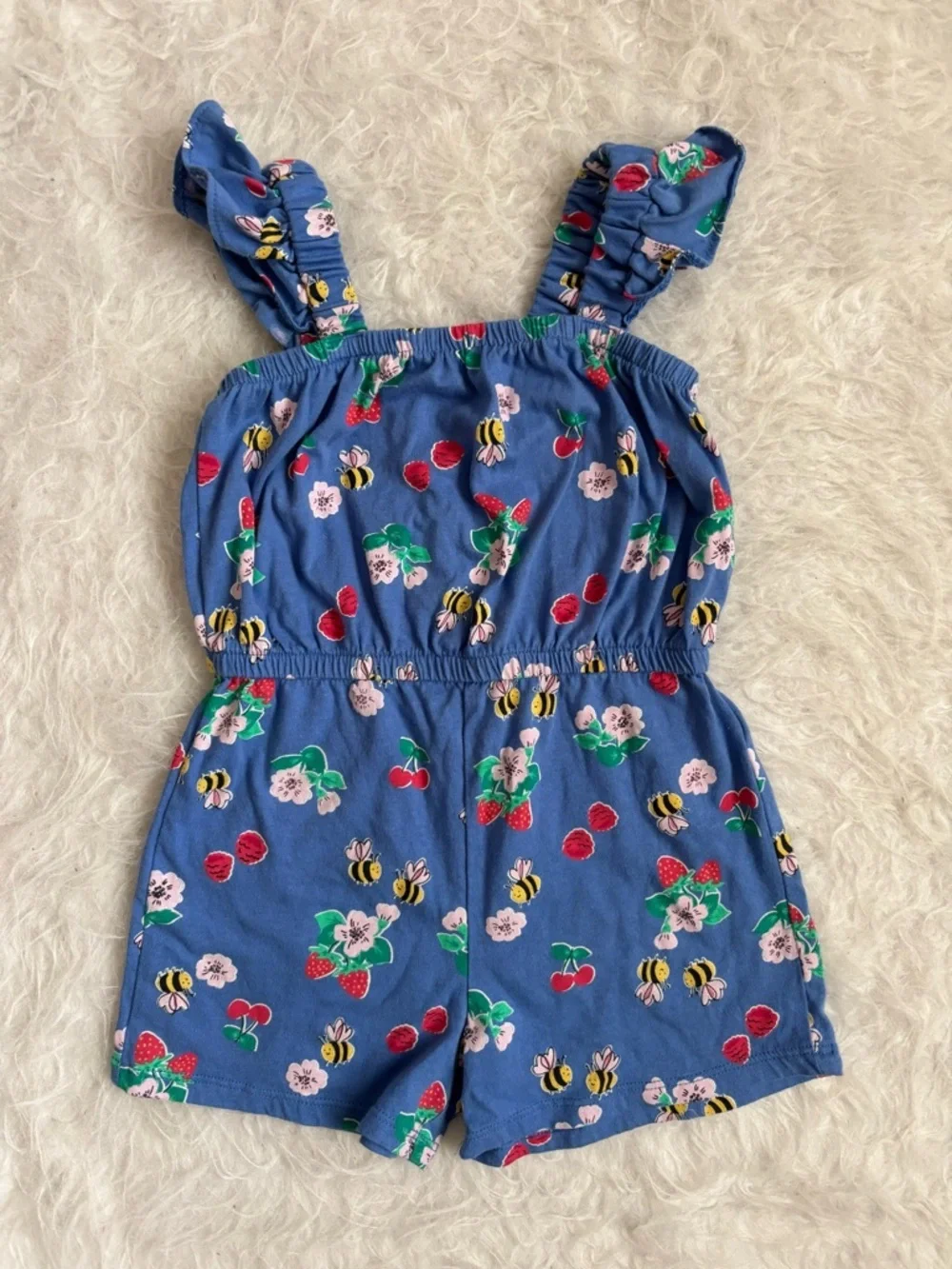 Old Navy Girl’s Farmer’s Market Ready Blue Floral, Bee & Fruit Print Romper